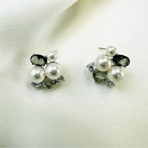 Napier faux pearl crystal cluster rhodium plated stud style pierced earrings